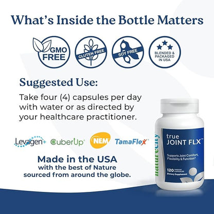 NatureCity True-Joint FLX Joint Supplement Formula (120 Capsules) | TamaFlex, NEM Eggshell Membrane, Levagen+ PEA & CuberUp | Supports Joint Comfort, Flexibility, Mobility, Function & Cartilage Health