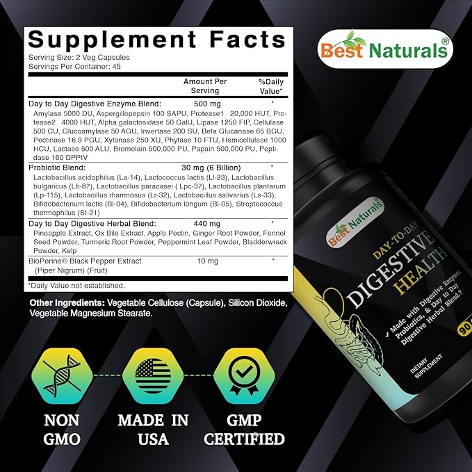 Best Naturals Day-to-Day Digestive Support 90 Veg Capsules - Made with Digestive Enzymes, Probiotics, & Herbal Blend - Made in The USA