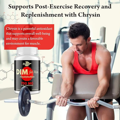 DIM for Men 750MG – Hormone Balance, Estrogen Support for Men, DIM Supplement, Detox, Vitality & Fitness Performance–Chrysin & Black Pepper Extract, 60 Capsules (1 Bottle)