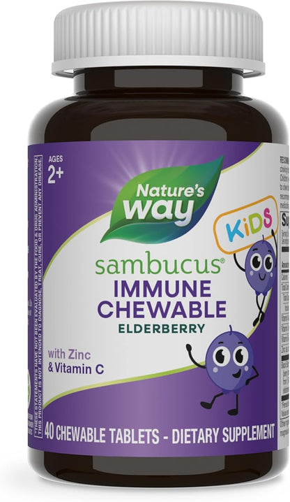 Nature's Way Sambucus Immune Chewable for Kids, Elderberry, Ages 2+, Immune Support*, Vitamins C & A, Zinc, Gluten Free, 40 Chewable Tablets (Packaging May Vary)