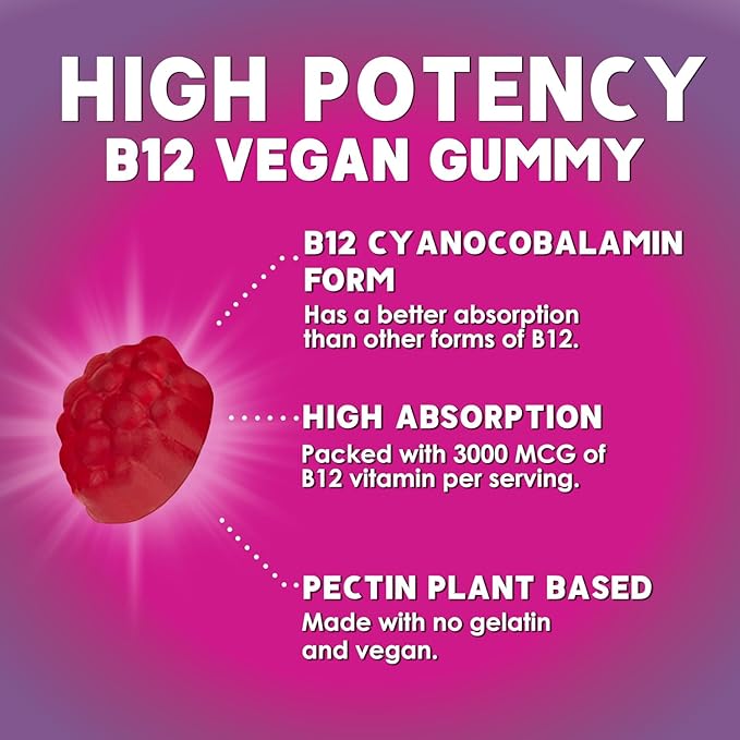B12 Gummies for Adults, Extra Strength Energy 3000 mcg - B-12 Energy Metabolism & Immune System Support - Chewable Dietary Supplement for Adults & Kids Caffeine Free Gummy Vitamin - 60 Gummies
