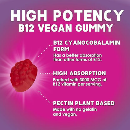 B12 Gummies for Adults, Extra Strength Energy 3000 mcg - B-12 Energy Metabolism & Immune System Support - Chewable Dietary Supplement for Adults & Kids Caffeine Free Gummy Vitamin - 60 Gummies