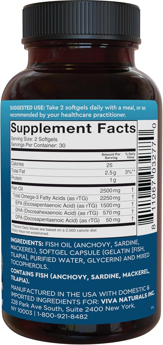 Viva Naturals Omega 3 Fish Oil Supplement for Women and Men - 2500 mg Triple Strength Fish Oil Pills with Re-Esterified Omega 3 Fatty Acids Including EPA, DHA DPA - 60 Pescatarian-Friendly Softgels