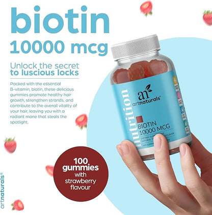 Artnaturals Biotin Gummies for Hair Growth - (100 Gummies - 10000mcg) - Natural Strawberry Vitamins Supports Nails and Skin - Gelatin, Gluten, Nut and Egg Free
