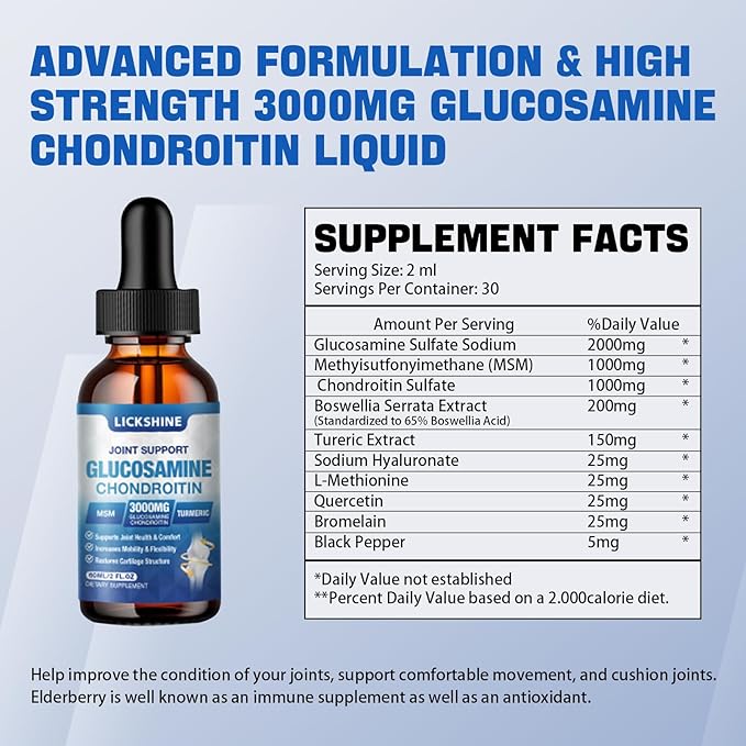 2 Pack Glucosamine Chondroitin MSM Liquid Drops - Extra Strength Joint Support Supplement for Adults with Quercetin Boswelia, Bromelain, Hyaluronic Acid, Antioxidant Immune Support (4 Fl oz)
