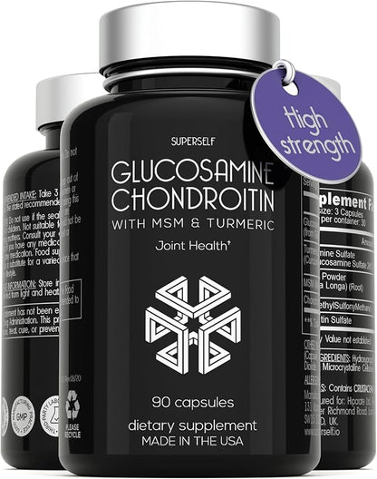 Glucosamine Chondroitin MSM with Turmeric - High Strength Joint Support Supplement for Adults Men & Women - 90 Capsules - 1500mg Glucosamine Sulfate per Serving