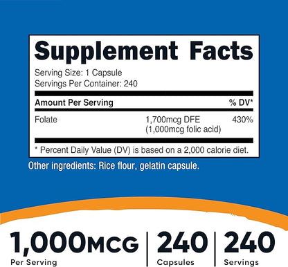 Nutricost Folic Acid (Vitamin B9) 1000 mcg, 240 Capsules (2 Bottles)