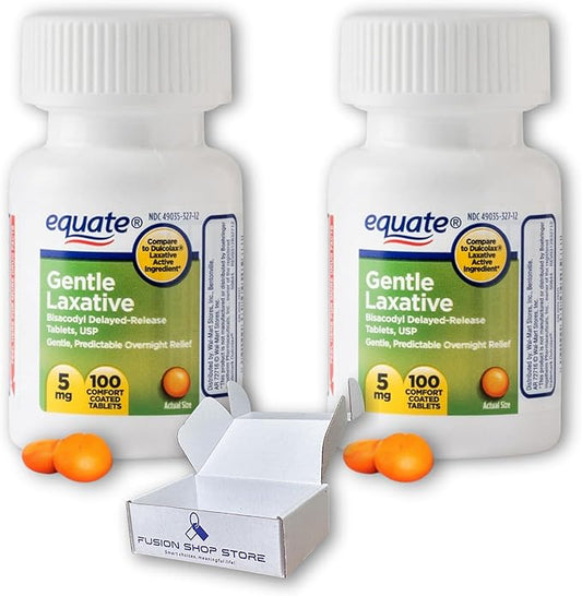 Bisacodyl 5mg Tablets- Equate Gentle Laxative for Constipation 100ct for Daily Use (Pack of 2), Boxed by Fusion Shop Store