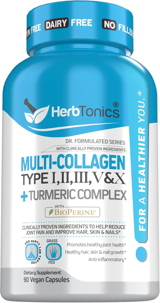 Multi Collagen Complex (Types 1 2 3 5 and 10) | Hydrolyzed Collagen Peptides | Collagen for Women & Men | Hair, Skin, Nails, Joint Support (with Turmeric) | 90 Capsules