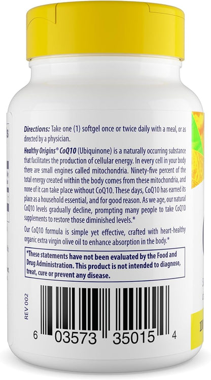 Healthy Origins® CoQ10 100 mg – Natural Trans-Isomer Ubiquinone – Yeast Fermented, Supports Heart Health & Cellular Energy – Non-GMO 30 Softgels