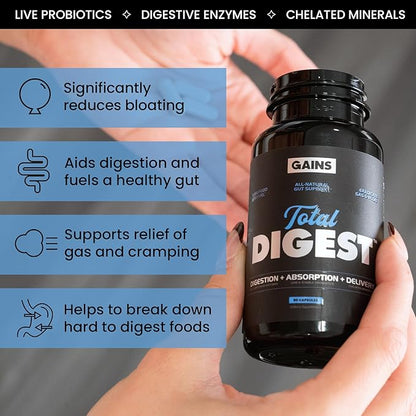 Gains in Bulk Total Digest, Digestive Enzymes, Prebiotics and Probiotics for Digestive Health, Bloating Support, Gut Health for Women and Men, Promotes Protein, Carb and Fat Digestion, 90 Capsules