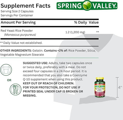 Spring Valley Red Rice Yeast 600mg, Red Yeast Rice Powder (Monascus purpureus), Dietary Supplement, Cholesterol, Gluten Free, Capsules for Adults 120 Count (Pack of 1)