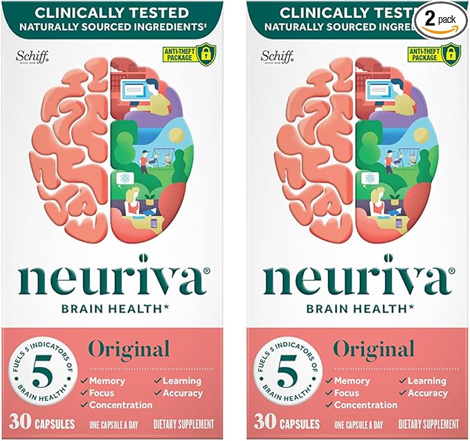 NEURIVA Original Brain Supplement for Memory, Focus & Concentration + Learning & Accuracy with Clinically Tested Nootropics Phosphatidylserine and Neurofactor, Caffeine Free, 30 Capsules (2 Pack)
