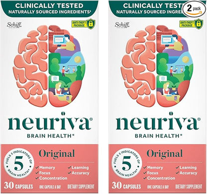 NEURIVA Original Brain Supplement for Memory, Focus & Concentration + Learning & Accuracy with Clinically Tested Nootropics Phosphatidylserine and Neurofactor, Caffeine Free, 30 Capsules (2 Pack)