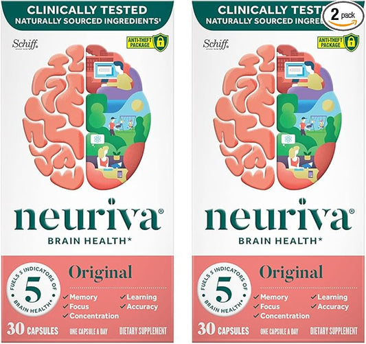 NEURIVA Original Brain Supplement for Memory, Focus & Concentration + Learning & Accuracy with Clinically Tested Nootropics Phosphatidylserine and Neurofactor, Caffeine Free, 30 Capsules (2 Pack)