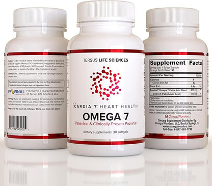 Cardia 7 Heart Health Omega 7 - Containing Patented Provinal Purified Omega 7 Fatty Acids - No Fish Taste or Burp-Back - 30ct Soft Gels