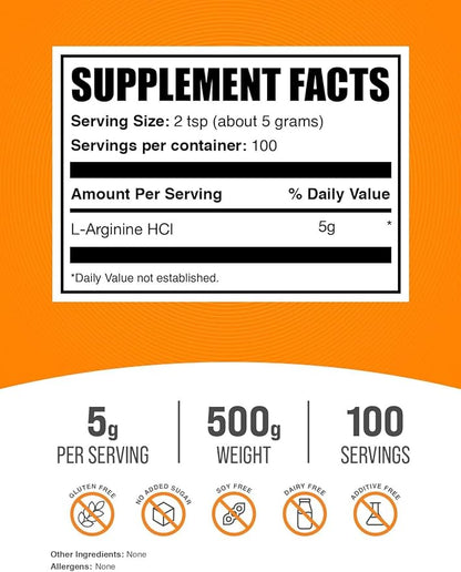 BulkSupplements.com L-Arginine HCl Powder - Nitric Oxide Supplement, Arginine Powder - Unflavored & Gluten Free, 5g per Serving, 500g (1.1 lbs) (Pack of 1)