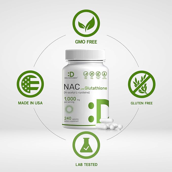 Deal Supplement NAC Supplement (N-Acetyl Cysteine) 1,000mg Per Serving with Reduced Glutathione, 240 Capsules – Antioxidant Support for Immune Health, Lung, & Liver Function