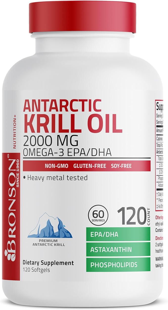 Bronson Antarctic Krill Oil 2000 mg with Omega-3s EPA, DHA, Astaxanthin and Phospholipids 120 Softgels (60 Servings)
