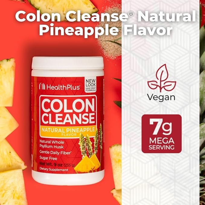 Health Plus Colon Cleanse Digestive Support | No Artificial Flavors | Daily Fiber for Toxin Elimination to Reduce Bloating | Psyllium Husk | Pineapple Flavor | 9 Ounces, 36 Servings
