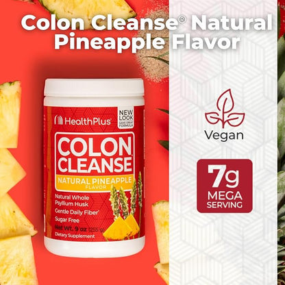 Health Plus Colon Cleanse Digestive Support | No Artificial Flavors | Daily Fiber for Toxin Elimination to Reduce Bloating | Psyllium Husk | Pineapple Flavor | 9 Ounces, 36 Servings