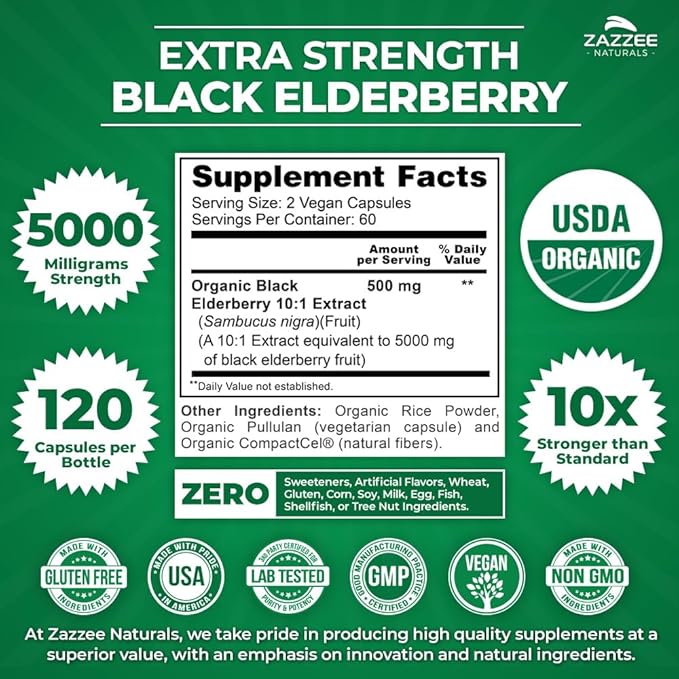 Zazzee USDA Organic Black Elderberry 10:1 Extract, 5000 mg Strength, 120 Vegan Capsules, 2 Month Supply, Standardized, Concentrated 10X Extract, 100% Vegetarian, All-Natural, Non-GMO, Made in The USA