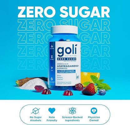 Goli Zero Sugar Ashwagandha & Vitamin D, Maca, L-Theanine Gummies, No Artificial Sweeteners, No Sugar Alcohols. Mixed Berry, KSM-66, Vegan, Plant Based, Non-GMO, Gluten-Free & Gelatin Free. (3)