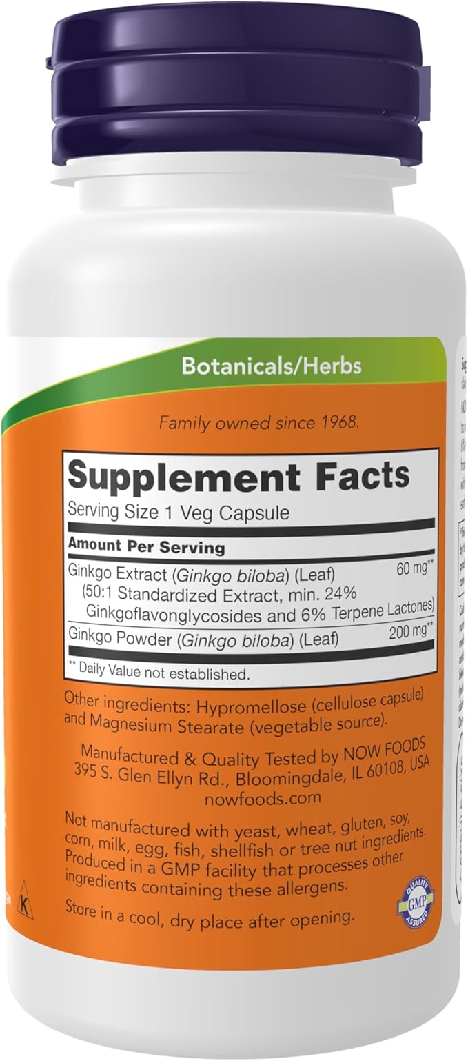 NOW Foods Supplements, Ginkgo Biloba 60 mg, 24% Standardized Extract, Non-GMO Project Verified, 120 Veg Capsules