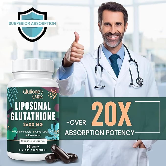 8-in-1 Liposomal Glutathione 2400 MG, High Absorption Antioxidant Formula – with Hyaluronic Acid, Alpha-Lipoic Acid, Resveratrol - Skin, Liver Detox & Immune System, 360 Softgels
