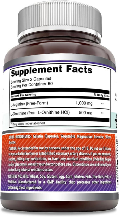 Amazing Formulas L-Arginine/L-Ornithine 1500 Mg Per Serving, Capsules | Non-GMO | Gluten Free | Amino Acid Supplement (120 Count)
