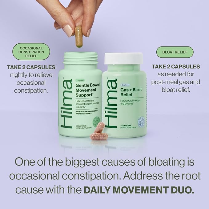 Hilma Daily Movement Duo for Constipation & Bloating Relief for Women, Gas Plus Bloat Relief (50 Vegan Capsules) w/Lemon & Peppermint, Gentle Bowel Movement (46 Vegan Capsules) w/Magnesium & Ginger