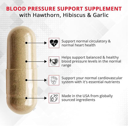 Blood Pressure Support and Cardiovascular Supplement W/ Hawthorn, Hibiscus - Nitric Oxide Support for Normal Blood Pressure Support W/ Vitamin B12 & Folic Acid - Garlic Supplements - 90 CT