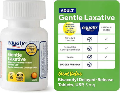 Bisacodyl 5mg Tablets- Equate Gentle Laxative for Constipation 100ct for Daily Use (Pack of 2), Boxed by Fusion Shop Store
