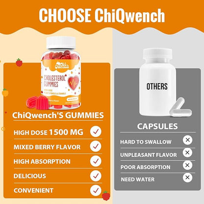 Cholesterol Supplements with 1500 Mg Plant Sterols & Stanols, Cholesterol Support Gummies, Cholesterol Complex Gummies, Maintains Normal Levels, Mixed Berry Flavor, 60 Count