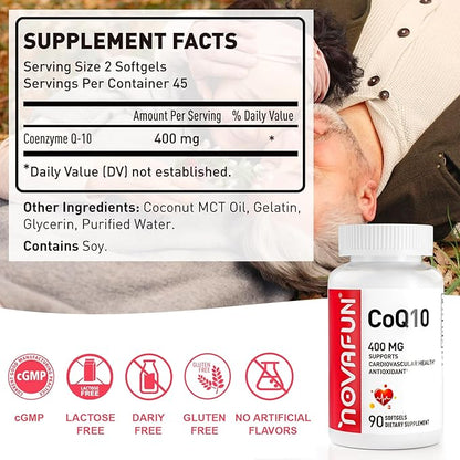CoQ10-400mg-Softgels with Coconut MCT Oil, High Absorption Coenzyme Q10 Supplement for Heart Health & Energy Production, 90 Count, 45 Day Supply