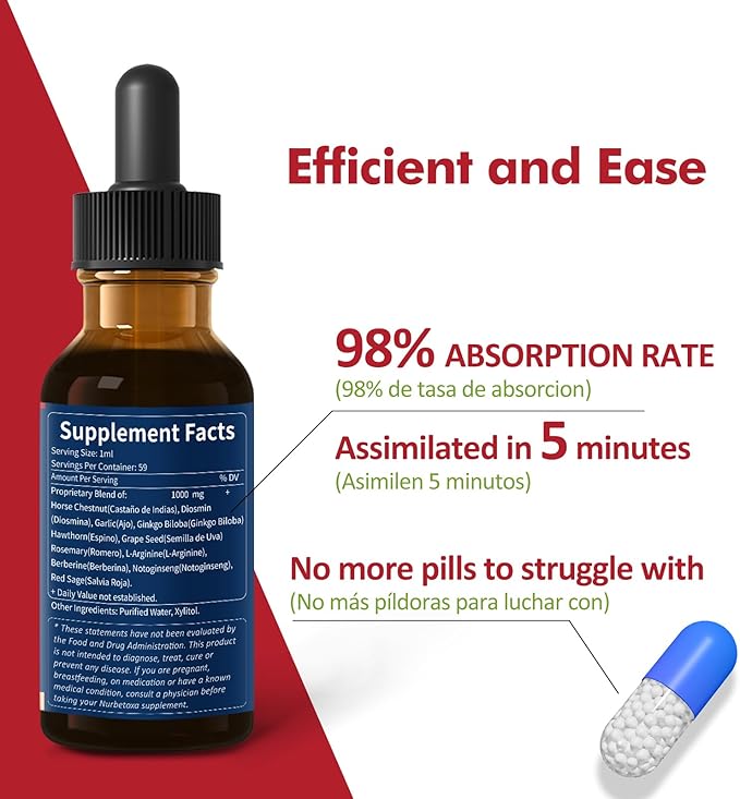 Blood Circulation Horse Chestnut Extract Liquid Drops, Castaño de Indias y Diosmina para la Circulacion y Varices, Nitric Oxide Supplement for Blood Flow, Pressure & Heart Health.2 oz