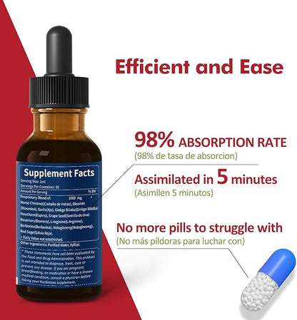 Blood Circulation Drops, Nitric Oxide Supplement for Blood Flow, Pressure & Heart Health W/Horse Chestnut Extract Liquid. Castaño de Indias y Diosmina para la Circulacion y Varices. 4 oz