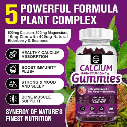 Calcium Magnesium Zinc Gummies with High Absorption Magnesium, Potassium, D3 - for Bone, Muscles, Immune & Sleep Support, Vegan