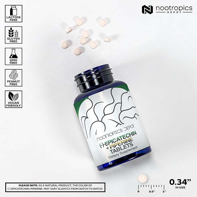 Nootropics Depot Epicatechin Tablets | 200mg (−)−Epicatechin + 6mg Piperine for Bioavailability | Green Tea Extract | Promotes Muscle Mass, Cardiovascular Health, and Energy | 30 Count