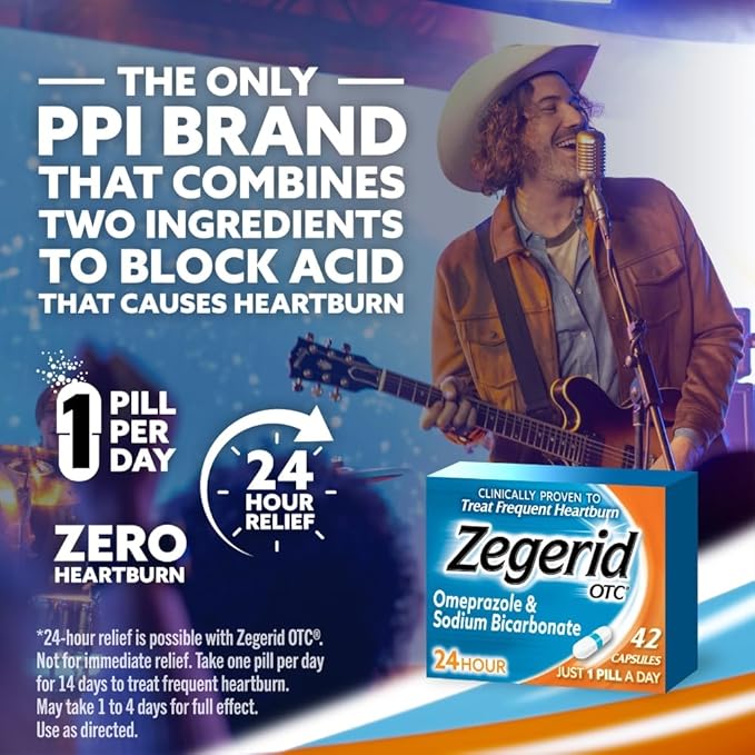 Zegerid OTC 24-Hour Heartburn Relief, The Only Proton Pump Inhibitor with Omeprazole 20mg + Sodium Bicarbonate, Treats Frequent Heartburn, 14ct Capsules