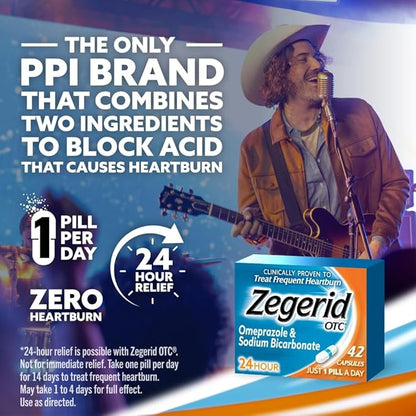 Zegerid OTC 24-Hour Heartburn Relief, The Only Proton Pump Inhibitor with Omeprazole 20mg + Sodium Bicarbonate, Treats Frequent Heartburn, 14ct Capsules