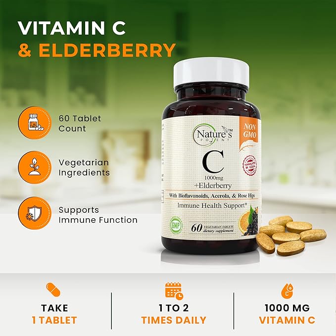 Nature's Potent Vitamin C 1000mg & Elderberry Immune Support Supplement - Vitamin C Supplements with Black Elderberry Extract - Vegetarian Immune Support Vitamins - (60 Tablets)
