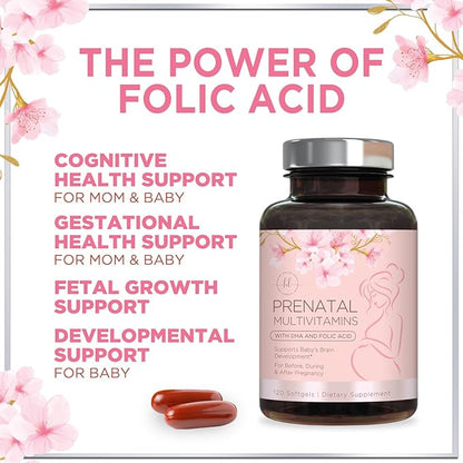 Women's Prenatal Multivitamin with Folic Acid + DHA, Essential Prenatal Vitamins with Folate, Omega 3, Vitamin D3, B6, B12 & Iron, Pregnancy Support Supplement for Mom and Baby - 120 Softgels