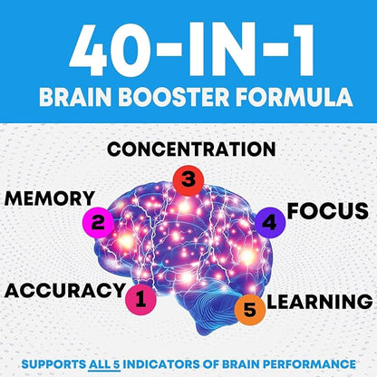 Brain Supplements for Memory and Focus - 40 Nootropics & Vitamins to Support for Alertness, Clarity & Concentration, Brain Health, B6, B12, Phosphatidylserine - 60 Capsules