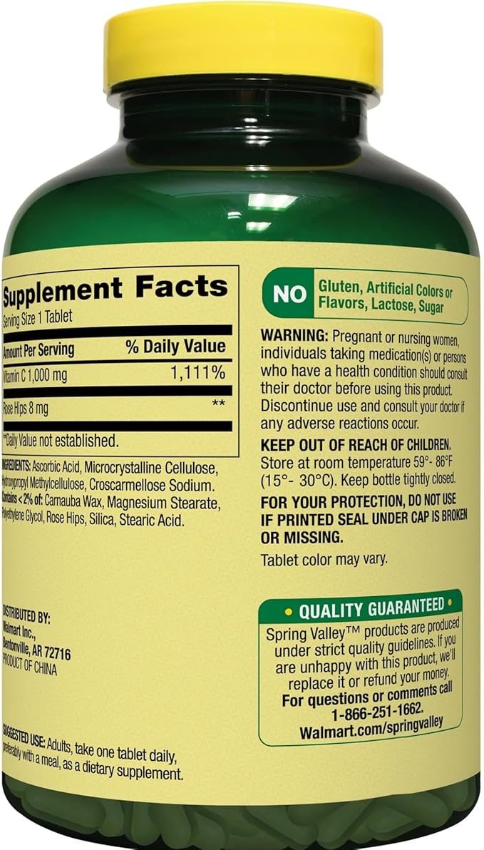 Spring Valley Vitamin C 1000mg with Rose HIPS Tablets Dietary Supplement, Antioxidant Protection, 250 Count (Pack of 1)