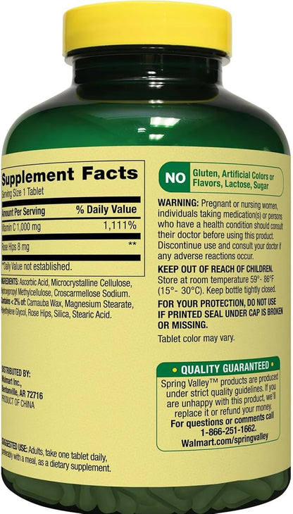 Spring Valley Vitamin C 1000mg with Rose HIPS Tablets Dietary Supplement, Antioxidant Protection, 250 Count (Pack of 1)