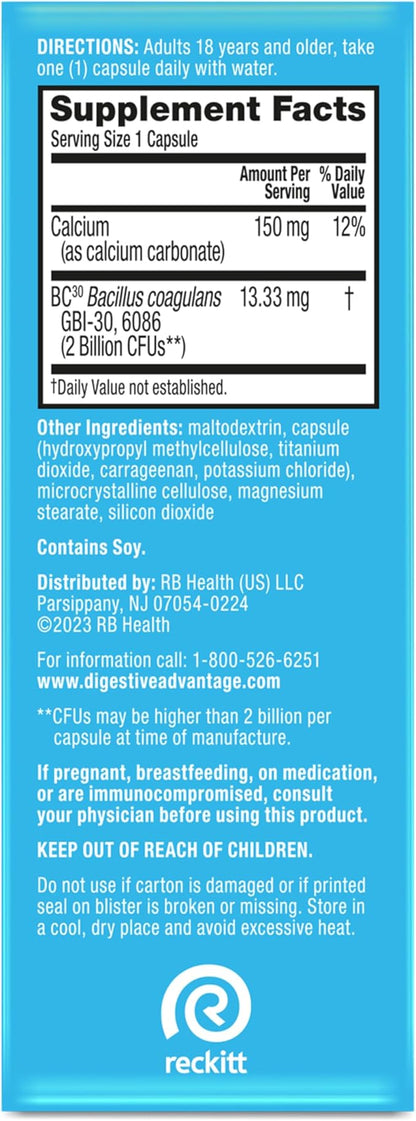 Daily Probiotic Capsule - Digestive Advantage 30 Capsules, Survives 100x Better, Lessens Bloating, Calcium, Promotes Digestive Health and Gut Flora, multi