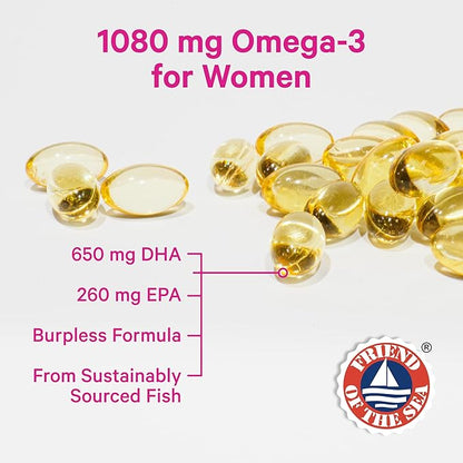 Pink Stork Omega 3 Fish Oil Supplements for Women with DHA and EPA - High Potency Burpless Omega-3 Supplement for Cognitive Health - 60 Softgels