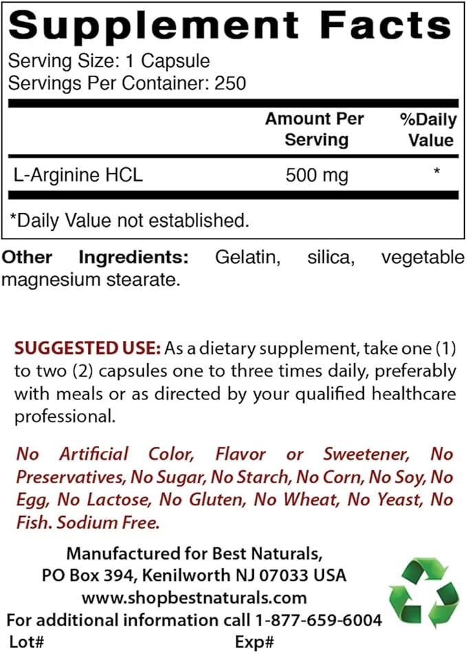 Best Naturals L-Arginine 500mg 250 Capsules (250 Count (Pack of 3))