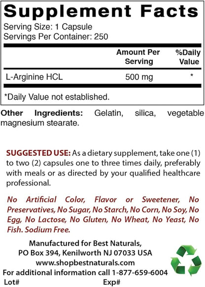 Best Naturals L-Arginine 500mg 250 Capsules (250 Count (Pack of 3))